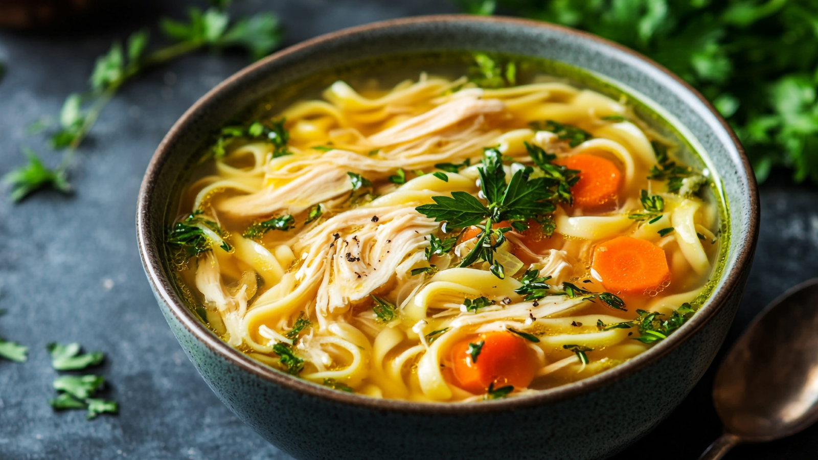 Tasty Chicken soup with noodles, carrot and parsley in bowl on dark background. Image Credit: graphicswizard/ 123RF