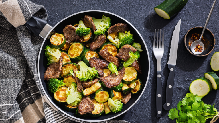 Savory Beef Skillet with Zucchini and Broccoli with rich textures. Image Credit: myviewpoint/ 123RF