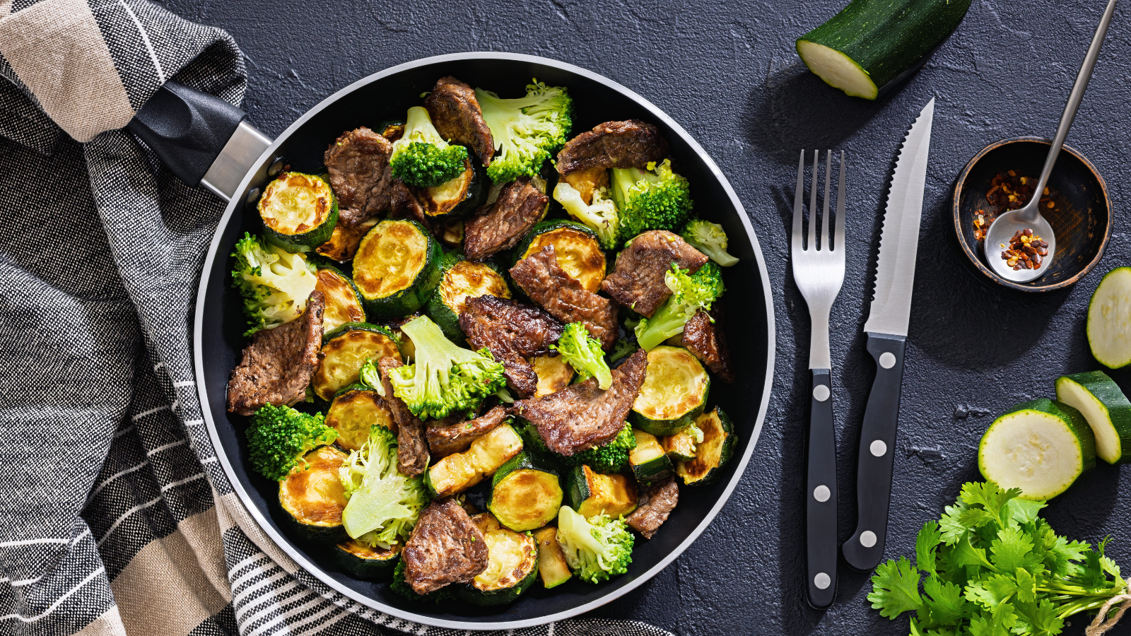 Savory Beef Skillet with Zucchini and Broccoli with rich textures. Image Credit: myviewpoint/ 123RF