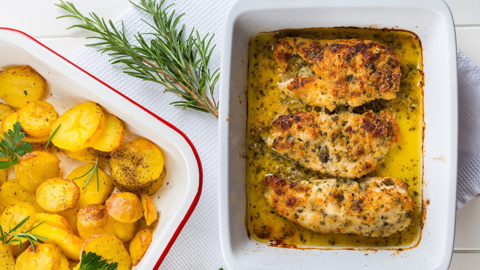A delicious spread featuring tender chicken fillets baked to golden perfection, accompanied by roasted potatoes seasoned with fresh herbs. This hearty meal is perfect for a family gathering or a cozy dinner at home. Image Credit: brebca/ 123RF