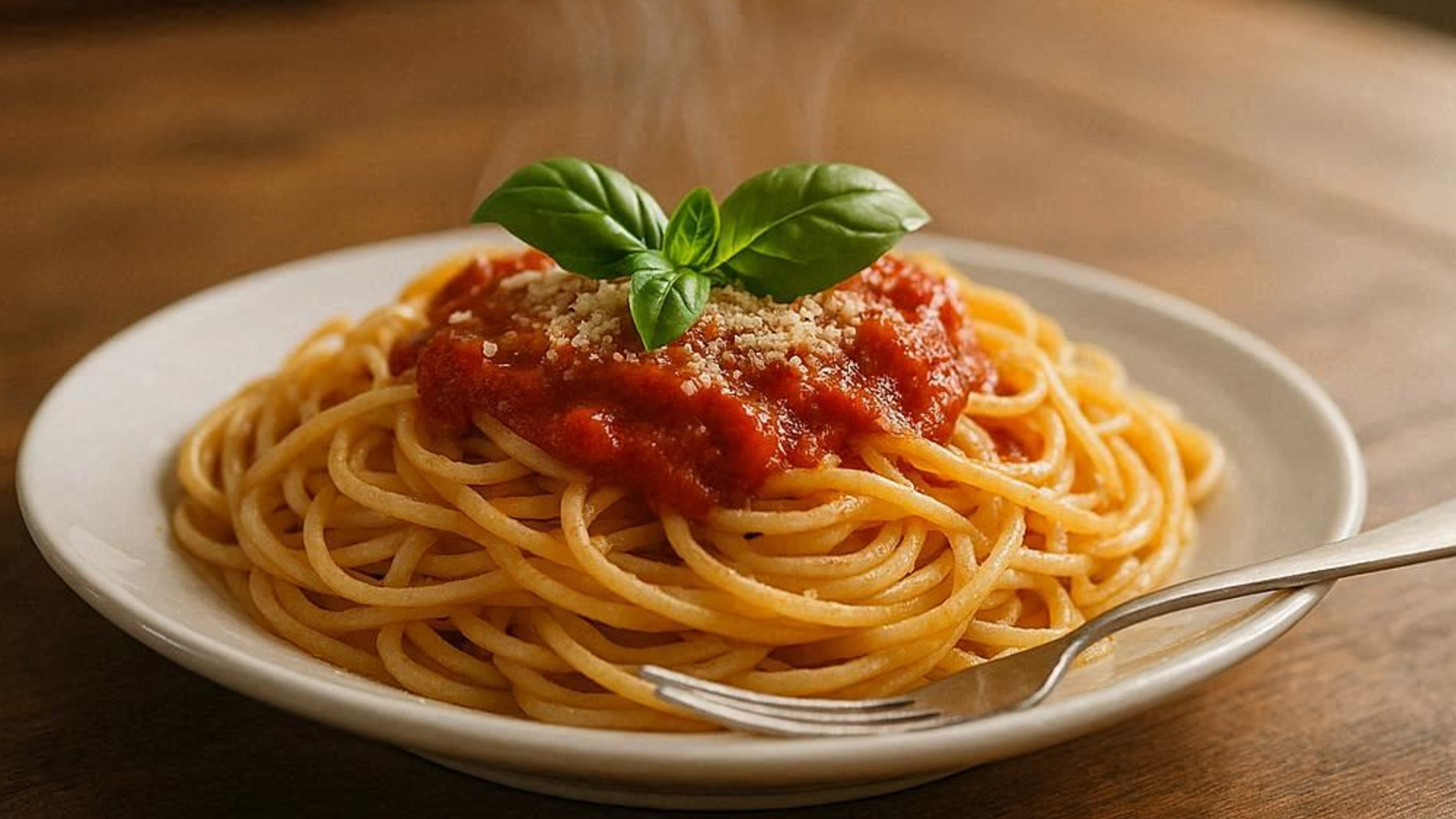 Spaghetti with tomato sauce and basil on a wooden table in a restaurant. Image Credit: yonandamcp/ 123RF