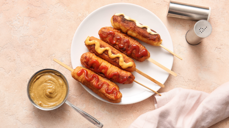 Savor the summer with a delightful platter of crispy corn dogs, each drizzled with creamy mustard and tangy ketchup, perfect for gatherings or a cozy solo snack. Image Credit: serezniy/ 123RF