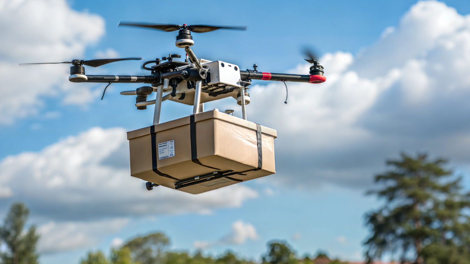 A drone carrying a package soars through a bright sky against a backdrop of fluffy clouds and green trees. Image Credit:
guphary/ 123RF