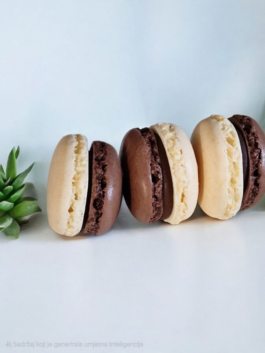 A close-up image showcasing a variety of chocolate and vanilla macarons with a succulent plant.