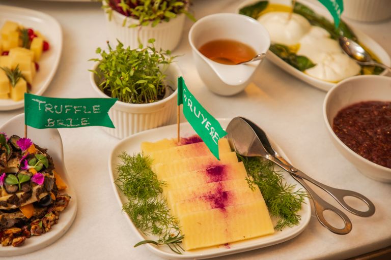 A stylish spread featuring truffle brie and gruyere cheese on a gourmet platter with fresh herbs.