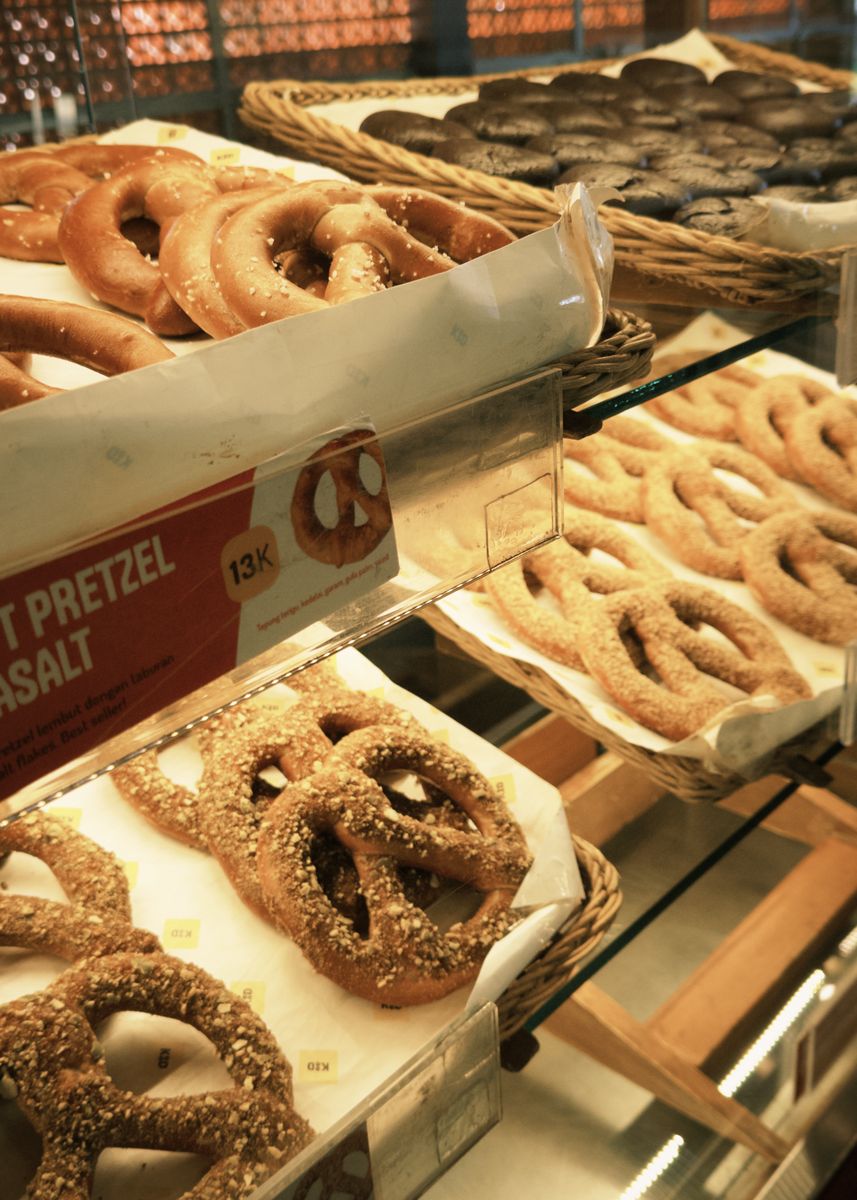A warm display of freshly baked pretzels at a local bakery in Bali, Indonesia.