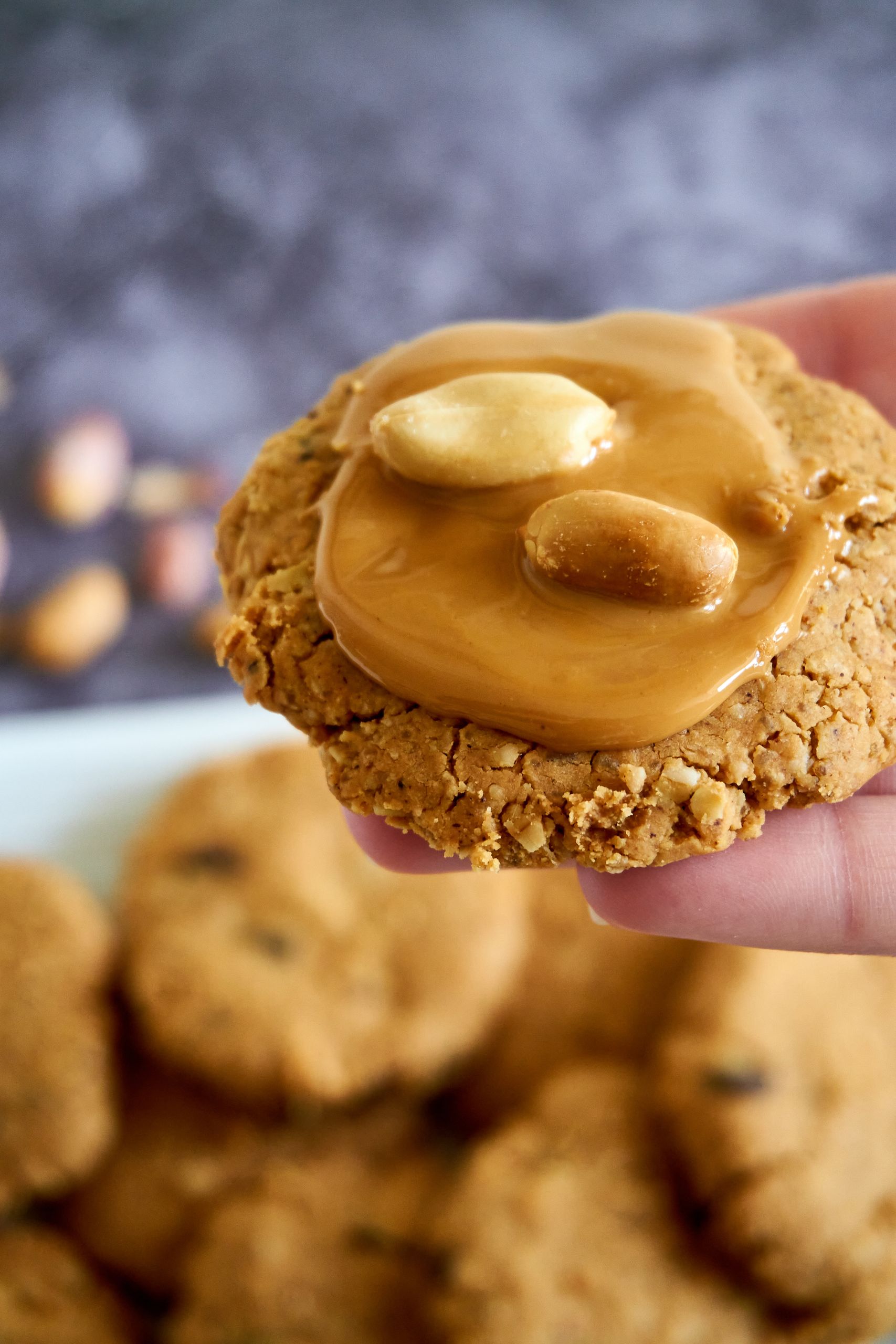 Delicious peanut butter cookie topped with whole peanuts, perfect for snack time cravings.