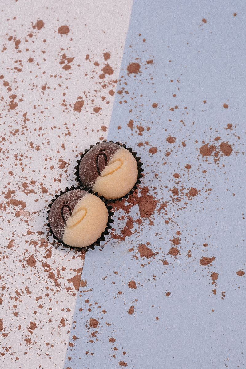 Heart-shaped chocolate and vanilla desserts sprinkled with cocoa powder on a split background.