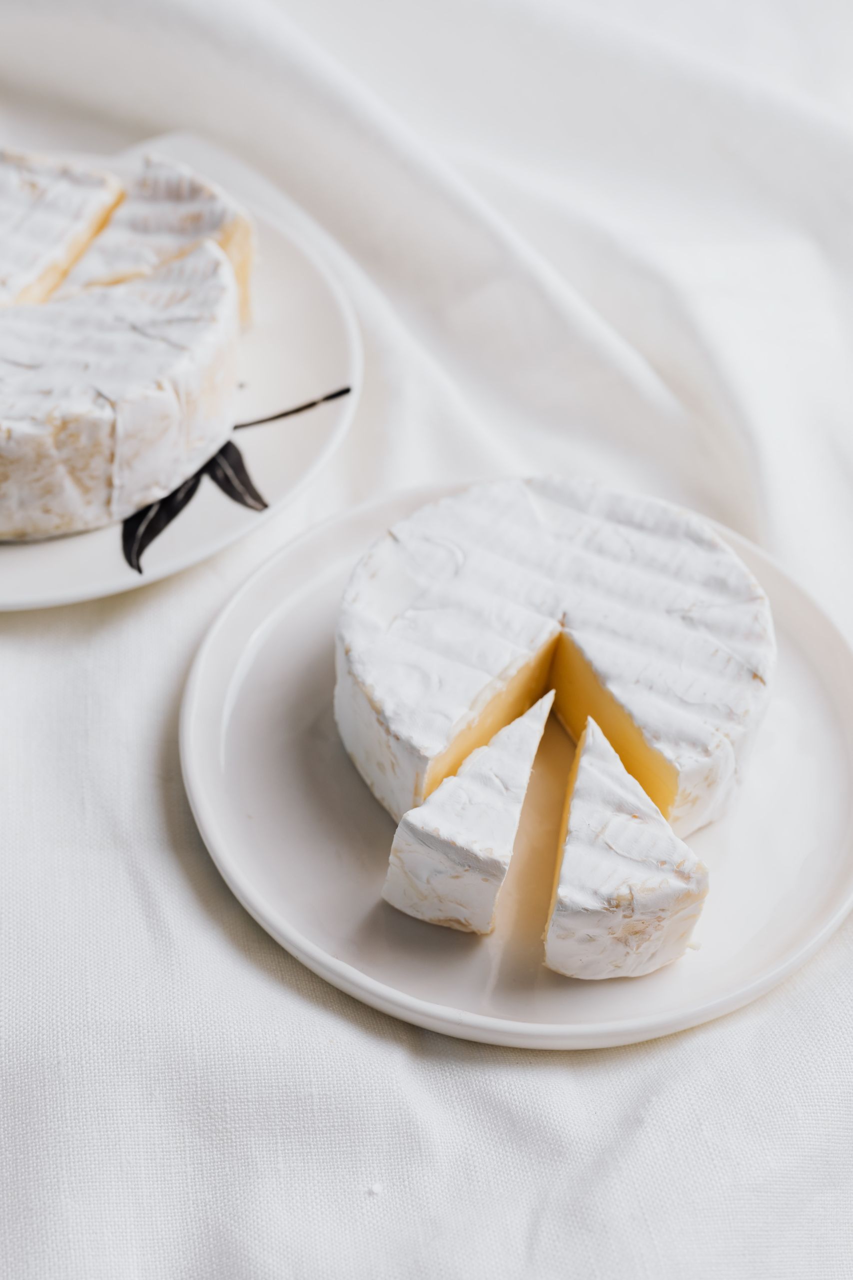 Tasty brie cheese slices on white ceramic plates with elegant arrangements.